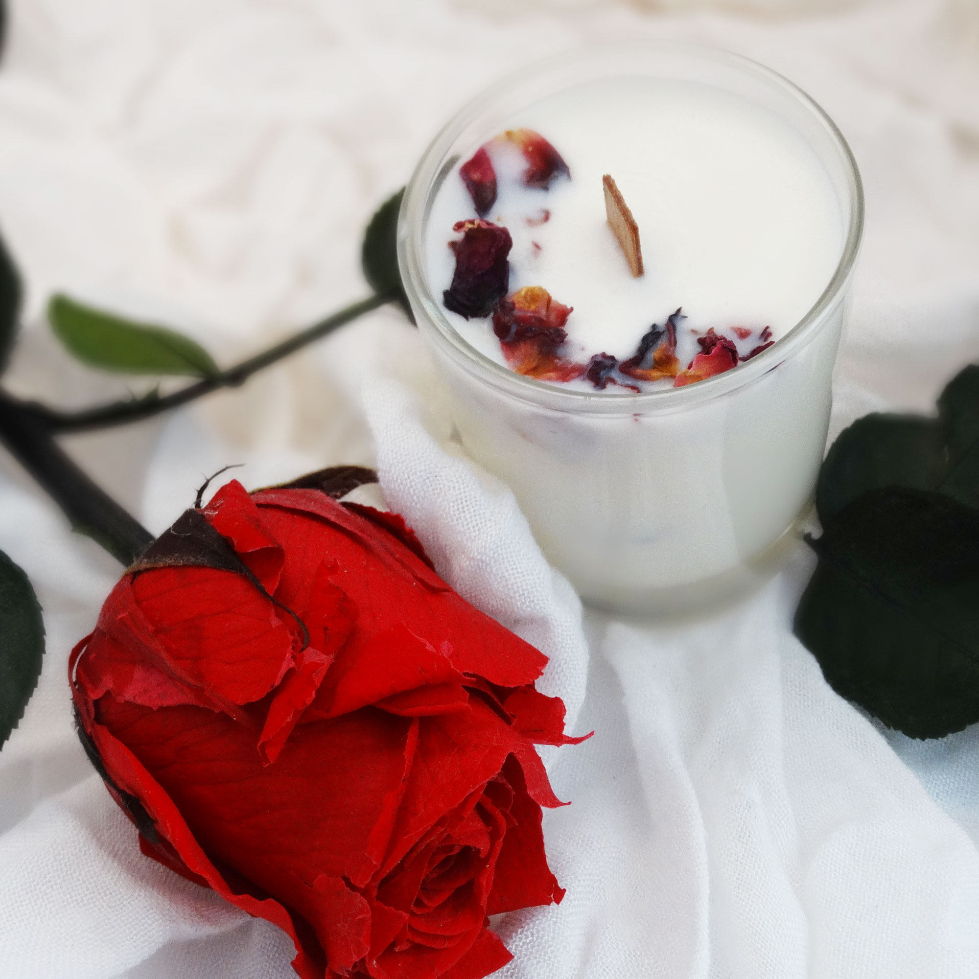 Sojawachskerze Rose mit Holzdocht im Glas